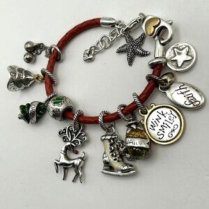 Brighton Charm Bracelet Red Leather Pineapple Christmas Trees Starfish 7.25-7.75